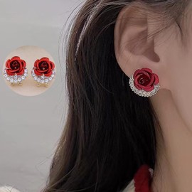 Wendalern Cubic Zirconia Rose Flower Stud Earrings Small Red Rose Earrings Matte Texture Flower Earrings Cute Rose Flower Hypoallergenic Stud Earrings Jewellery for Women Girls, Zinc, No Gemstone