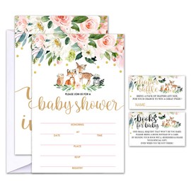 Geuro Set of 25 Baby Shower Invitations with Envelopes, Diaper Raffle Tickets and Baby Shower Book Request Cards, Floral Wooden Animals