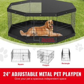 Happybuy Dog Playpen, 8 Panels Foldable Metal Exercise Pen with Top Cover, 24" H Pet Fence for Small Medium Pets, Ground Stakes, Indoor Outdoor Use, for Camping & Yard