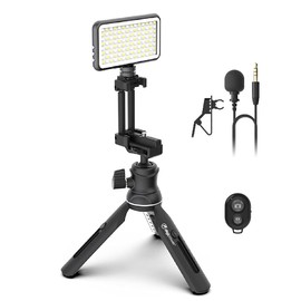 DigiPower Vlogging Kit Instructor with LED Video Light, Clip-on Lavalier Microphone, Mobile Phone + Camera Holder, Handle/Mini Tripod, for Smartphones + Cameras, for TikTok, YouTube, Streaming, Meetings