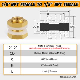 KOOTNAS 2-Pack Solid Brass Bulkhead Fittings, 1/8 NPT Taper Female 5/8" Straight Male Thread Brass Water Tank Connector with 4 Rubber Rings and Silicone Rings, for Water Towers, Faucets, Hoses