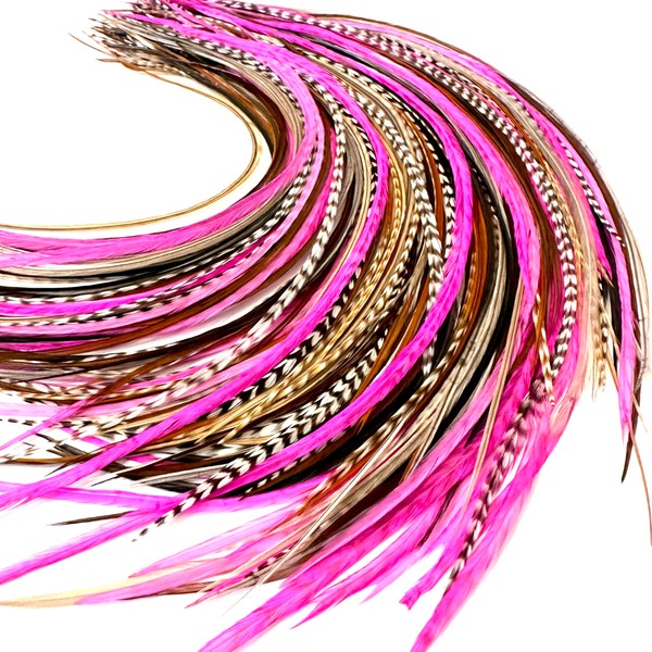 50 Natural & Hot Pink Color Hair Feathers - 9”-