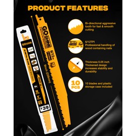 10 Pack 9 Inch 6/12 TPI Reciprocating Saw Blades for Nail-Embedded Wood,Bi-Metal Blades for Cutting Stud and Nail PVC Pallets etc