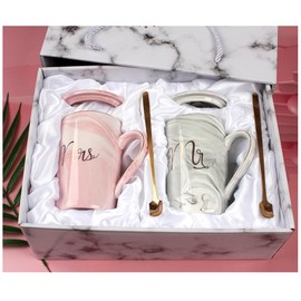 Hylruu Coffee Cups Set, Gifts for Couple Engagement Bridal Shower Bride and Groom Anniversary 14 Oz Ceramic Marble Cup with Gold Pattern (Mr & Mrs)