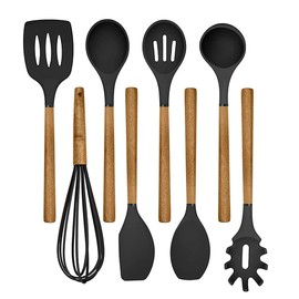 Country Kitchen Non Stick Silicone Utensil Set with Rounded Wood Handles for Cooking and Baking, 8 Piece Set, Black