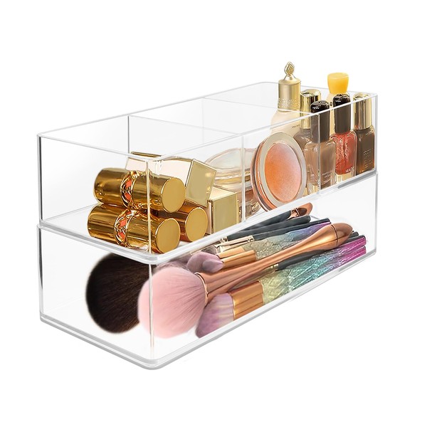 LUBOXIN Set of 2 Make Up Drawer Organiser, 3-Compartment &