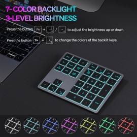 Doohoeek Bluetooth & 2.4G USB Wireless Numeric Keypad for Laptops, PC Computers Macbooks & Tablets, Dual Mode Number pad 34 Keys with 7-Color Backlit for Windows, MacOS & iOS, Gray