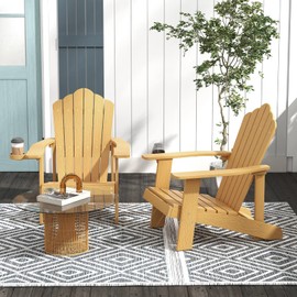 Tangkula Oversized Adirondack Chair, Patio Lounge Chairs w/Adjustable Cup Holder, HIPS Armchairs Slatted Chair, Outdoor Weather Resistant Fire Pit Chair for Deck Backyard Garden Porch (1, Teak)
