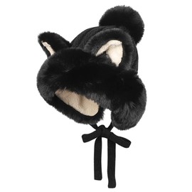 ITODA Women Girls Cat Ears Beanie Hat Faux Fur Hat Crochet Bobble Pom Pom Hat Winter Fleece Warm Hat Cycling Ski Cap Knitted Slouchy Cap for Outdoor Ski Snowboard Cycling Running Black