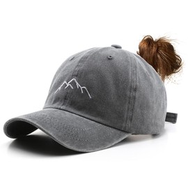 YULOONG Women's Ponytail Baseball Cap Mountain Peak Embroidery Baseball Cap Retro Washed Cotton Hat Sun Protection Cap Adjustable Tennis Golf Sports Cap Gray