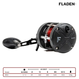 FLADEN Fishing - Warbird 3011 Multiplier Reel (Right Hand) 1+1 Ball Bearing Level Wind Pre Spooled 0.60mm / 45lbs Red Line [11-543011], Black
