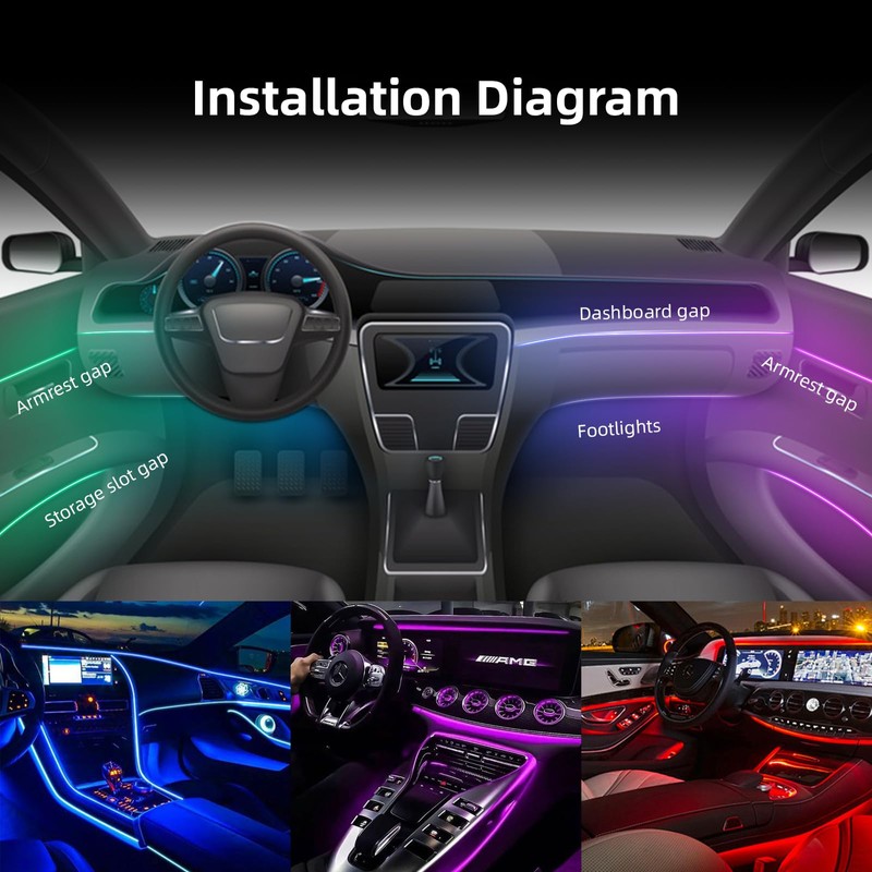 Wireless APP Control Car-Ambient-Lighting-Kit,256 RGB Colors DIY Modes Acrylic Interior