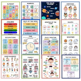 16 Kids Educational Posters for Toddlers - Pre K Learning Posters for Classroom & Homeschool - Alphabet, Numbers & More - Laminated Wall Decor for Preschool, Kindergarten, Elementary - 10x14 Inch (No Frame)