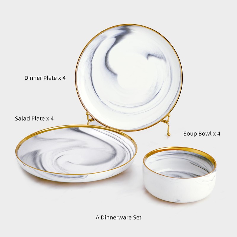 Pokini Marble Gold Rim Dinnerware Sets, Porcelain Plates and Bowls