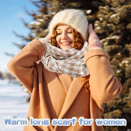 Tartan Scarf, Soft Houndstooth Scarf Comfortable Multiuse Long Scarf for Women Men in Autumn Winter Spring with Clip Brooch 1 pcs, Khaki and White