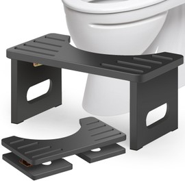 Foldable Toilet Stool, 7 Inch Poop Stool for Bathroom, Bamboo Toilet Stool Squat Adult, Collapsible Squatting Poop Step Stool with Non-Slip Strip, Space-Saving, No Assembly Required, Black Color