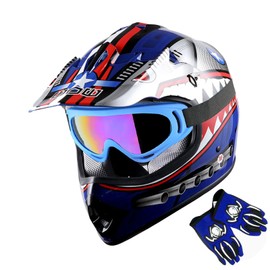1Storm Youth Motocross Helmet Kids Motorcycle Bike Helmet Shark Blue + Goggles + MG Youth Blue Glove Bundle