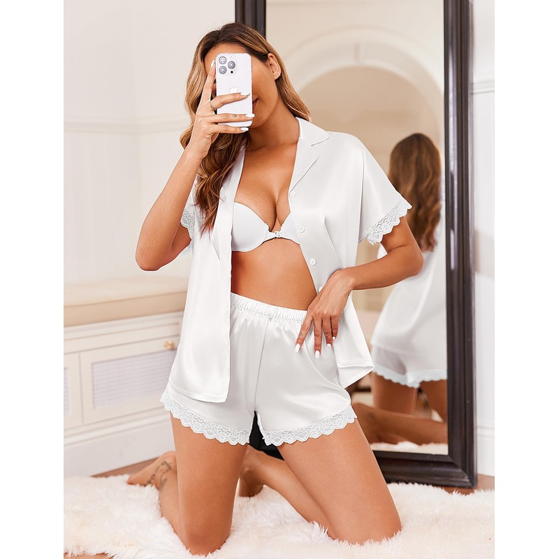 Ekouaer Womens Satin Silk Pajamas Set 2 Piece Button Down