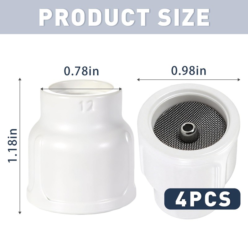 4 Pack #12 White Ceramic TIG Cups with 1/8 Mesh