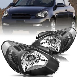 Aosky Headlight Assembly Fits for 2007 2008 2009 2010 2011 Hyundai Accent Replacement Front Light Headlamp Pair Set Black Housing & Clear Reflector