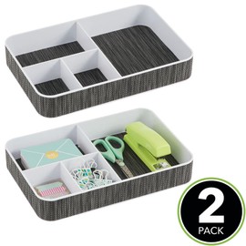 mDesign Set of 2 Desk Organisers - 6 Compartments Organiser System for Pens, Paper Clips, Writing Pads - Office Organiser for Desk and Drawer - White/Black