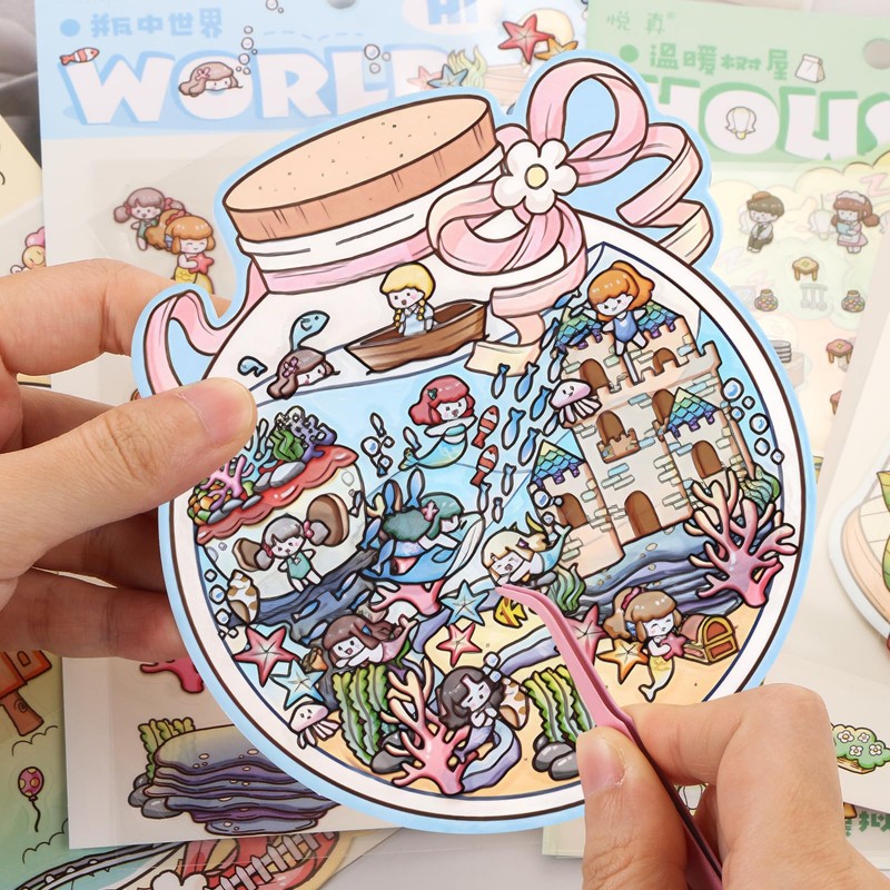 4Pcs 3D Fun Mini House Scenes Stickers with Tweezers Make