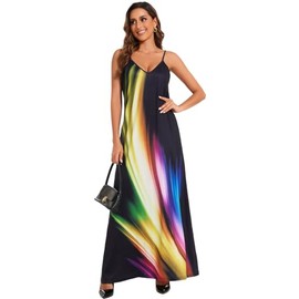 Women's Rainbow Printed Wave Cami Dresses Sleeveless V Neck Adjustable Draped Casual Long Colorful Sundresses with Pockets