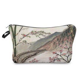 YULUENZE Floral Bamboo Cosmetic Bag Small Aesthetic Makeup Organizer Bag with Zipper Traditional Chinese Painting Style Bamboo Toiletry Makeup Bag Birthday Presents for Artists Women Friends
