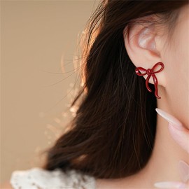 Red Bow Stud Earrings for Women S925 Sterling Silver Post Ribbon Knot Earrings Minimalist Bow Tie Pierced Ear Earrings Hypoallergenic Christmas Ear Jewelry