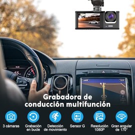 PTHTECHUS®DashCam para Auto, HD 1080P Cámara triples Delanteras y traseras integradas con Tarjeta SD 32GB, Camara Automovil con Súper Visión Nocturna,