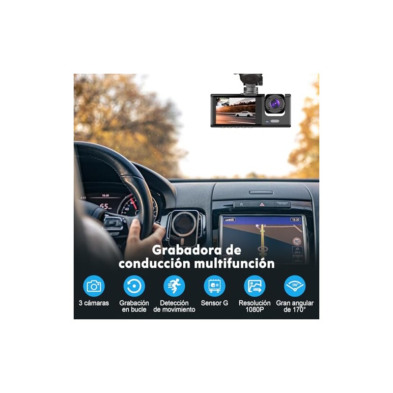PTHTECHUS®DashCam para Auto, HD 1080P Cámara triples Delanteras y traseras