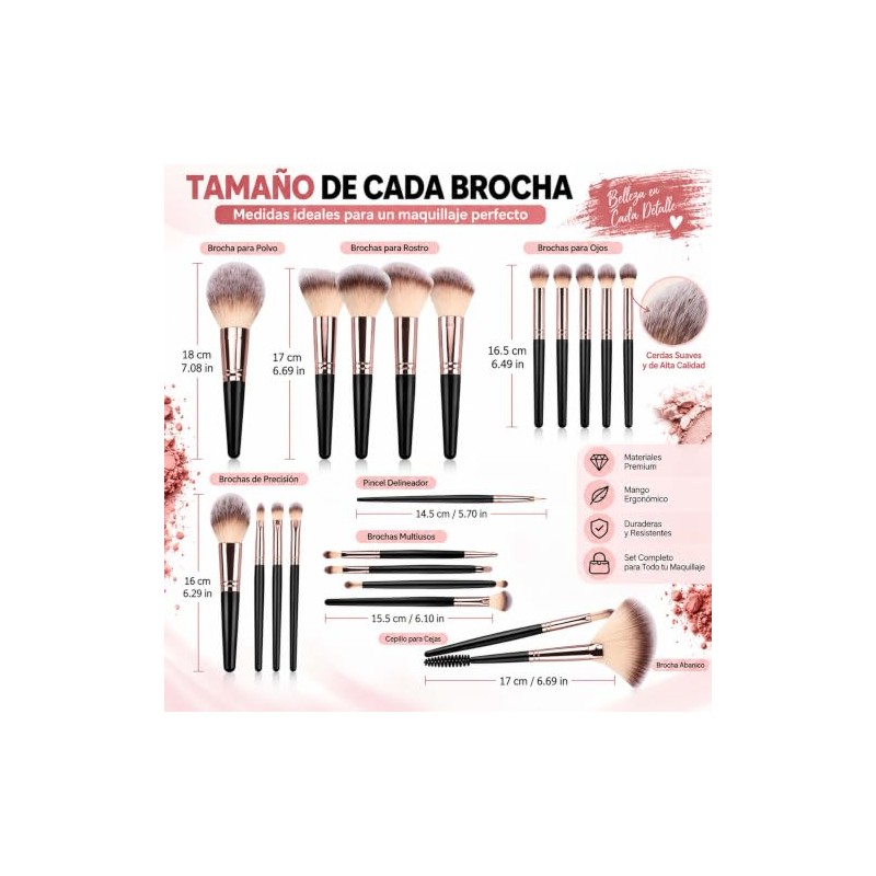 Set de Brochas para Maquillaje 20 Piezas con Estuche(Oro negro)