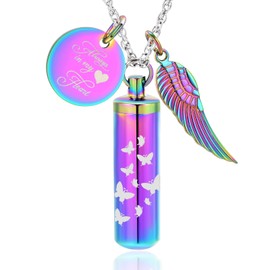 shajwo Cylinder Urn Ashes Necklace for Women Men Butterfly Cremation Jewelry Ash Loved One Memorial Angel Wing Pendant,Rainbow