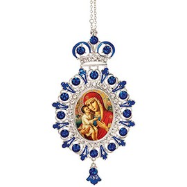 Needzo Russian Icon Blessed Mother of God and Baby Jesus Christ with Faux Blue Crystals Crown Chain 5 1/2 Inch