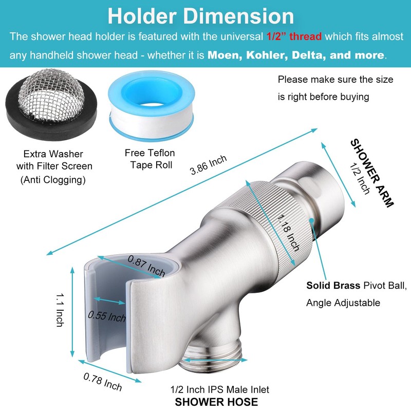 Brushed Nickel Metal Shower Head Holder - Adjustable Mount for