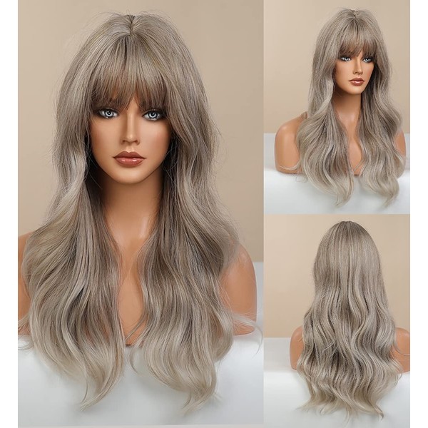 LANOVA Bang Wig Synthetic, Ash Blonde Wig with Bangs, Ombre Blonde Wig for Women, Glueless Synthetic Hair Light Blonde Wavy Wig with Bangs, 22 inch, LANOVA-167