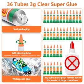 36 x 3g Super Strong Glue for All Purpose, Clear Cyanoacrylate Adhesive Instant Glue Quick Dry Superglue Gel Tubes for Bonding Plastic, Metal, Glass, Leather, Wood, Rubber, Jewelry, DIY Crafts Repair