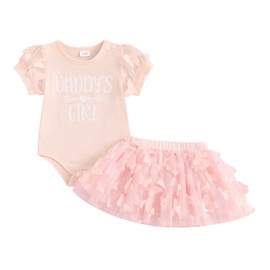 Hnyenmcko Newborn Infant Baby Girl Clothes Romper Skirt Set Short Sleeve Romper + 3D Butterfly Tutu Skirt Cute Clothes Set (Pink, 6-9 Months)