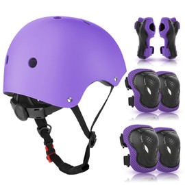 WayEee Children's Knee Pads with Helmet, Protector Set Children 3-10 Years, Knee Pads, Inline Skates, Children's Protective Equipment for Inline Skates, Skateboards, Bicycles, Roller Skates (Purple)