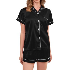 Brezzistaxs Satin Pajama Set for Women 2-Piece Satin PJ Set Button-Down Silk PJ Set - Classic Silky Pajama (US, Alpha, Large, Regular, Regular, Black)