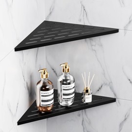 POPFLY 10 Inch Corner Shower Shelf 2 Pack, 304 Stainless Steel Matte Black, No Drilling Recessed Bathroom Shelves for Tiled Wall, Heavy Duty Floating Shower Organizer with Slot Design, PF7501B