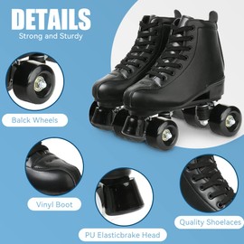 Gets Women's Roller Skates PU Leather High-top Roller Skates Four-Wheel Roller Skates Shiny Roller Skates for Girls Unisex (Black Black Wheel,US: 10)