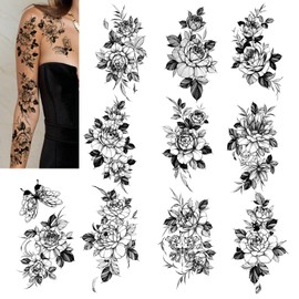 Black and White Floral Temporary Tattoo Stickers, Large Rose Designs, 10 Sheets Women temporary tattoo sleeves