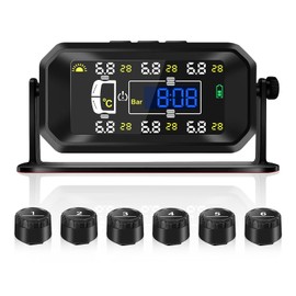 Tyre Pressure Monitoring System, Wireless Solar TPMS with 6 External sensors, Real-time Monitoring Pressure &Temperature, Auto Sleep Mode, Tire Pressure Sensors for RV Trailer Truck Pickup(0-144 PSI)