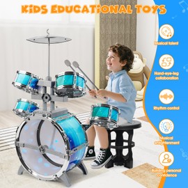 LeeQee Drum Set for Kids 1-3, Jazz Drumset for Toddler 3-5 Vibrant Aurora Light with 5 Pcs High Drums, Musical Instruments Toy for Age 5-7 Year Old Boys Girls