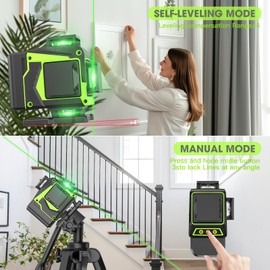 16 Line Laser Level 360 Self Leveling, 4x360°Professional 4D Green Cross Line laser Level with 2 Batteries, Adjustable Brightness & Remote Control, for Tiling Floor Construction and Picture Hanging
