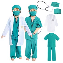 Amtum Kids Doctors Outfit Doctor Costume Kids with Lab Coat，Stethoscope，Scrubs Costume, Mask Doctor Nurse Dress Up Child Role Play Costumes for Boys & Girls 10 Years Green/150