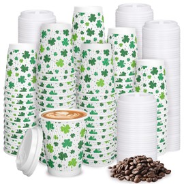 JarThenaAMCS 100 Sets 12oz St. Patrick’s Day Coffee Cups with Lids Green Shamrock Insulated Corrugated Ripple Wall Paper Cups for Home Office Irish Holiday Supplies