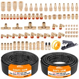 CheeMuii 86 PCS Brass DOT Air Line Fittings with 100FT 1/4" and 50FT 3/8" DOT Air Line Kit Push Lock Air Fitting Quick Connect & NPT Thread Fittings with Pneumatic Tubing