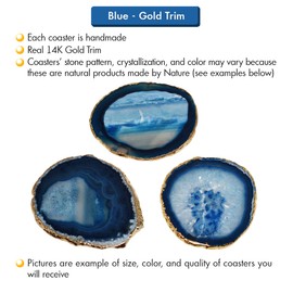 Nature's Decorations - Premium Blue Agate Coasters with Gold Edge - Set of 4 Non-Skid Coasters Made with Stone - Irregular Shaped Coasters Perfect Home Decor and Gifting